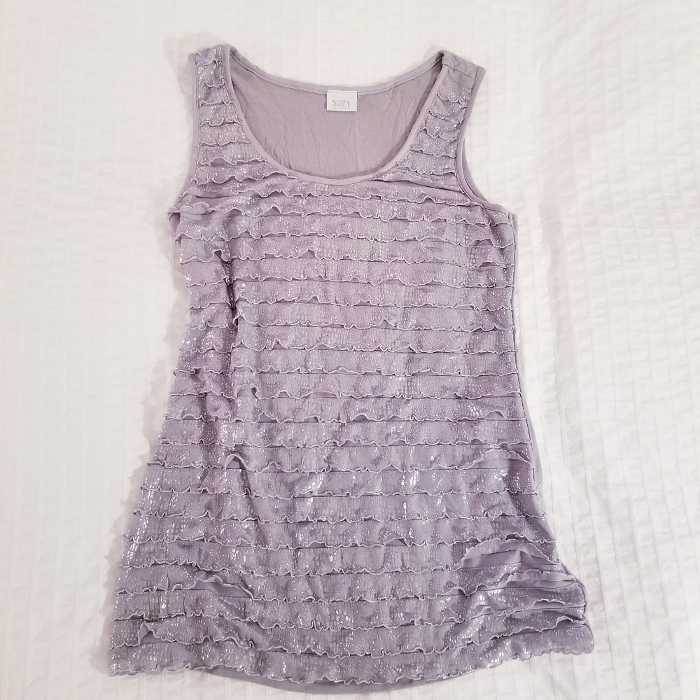 3/$45 | Suzy Shier | Grey Silver Ruffles Tank